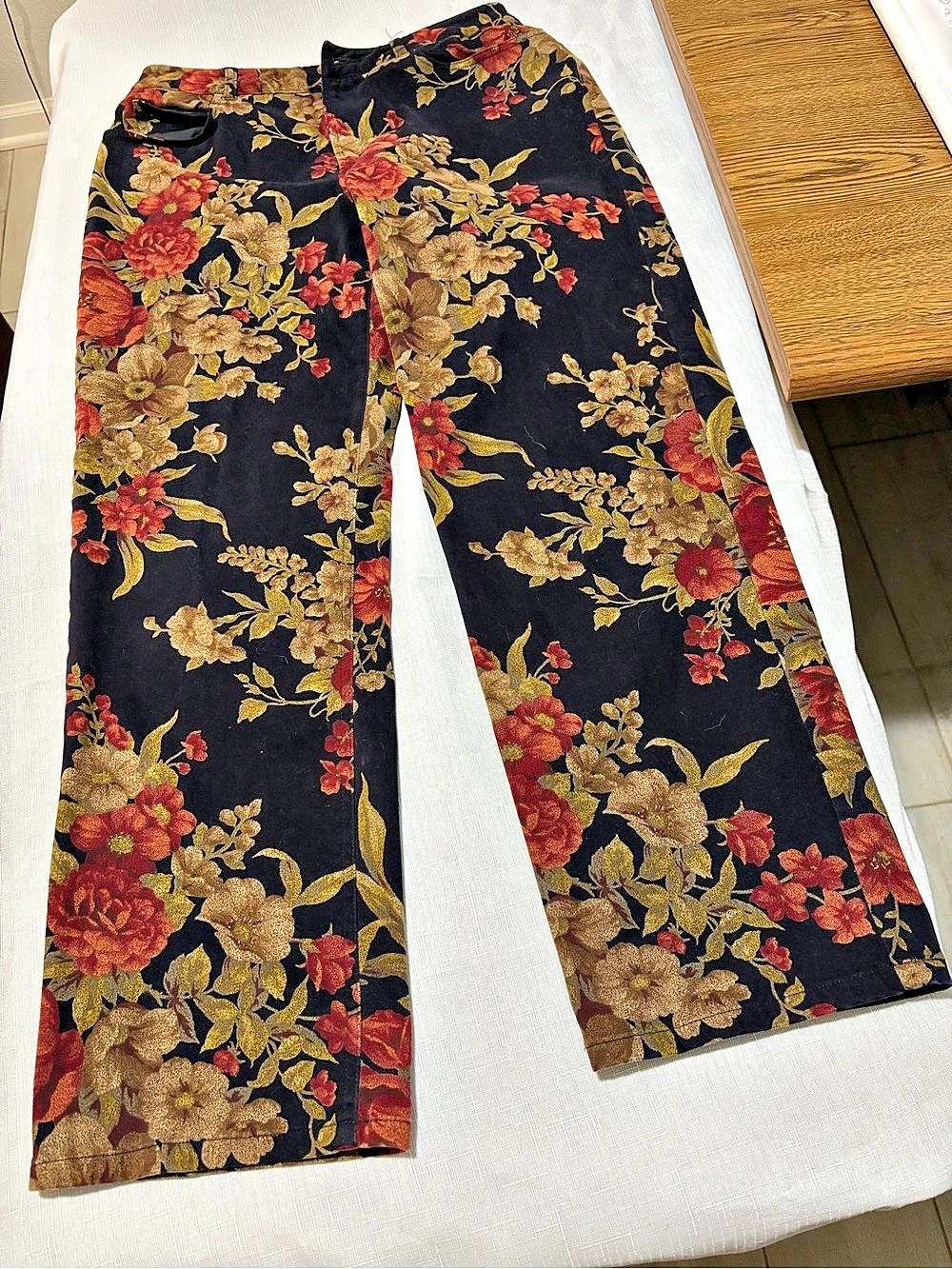 VTG Jones New York Country Floral Corduroy Pants Womens 10P Petite Black Red 90s